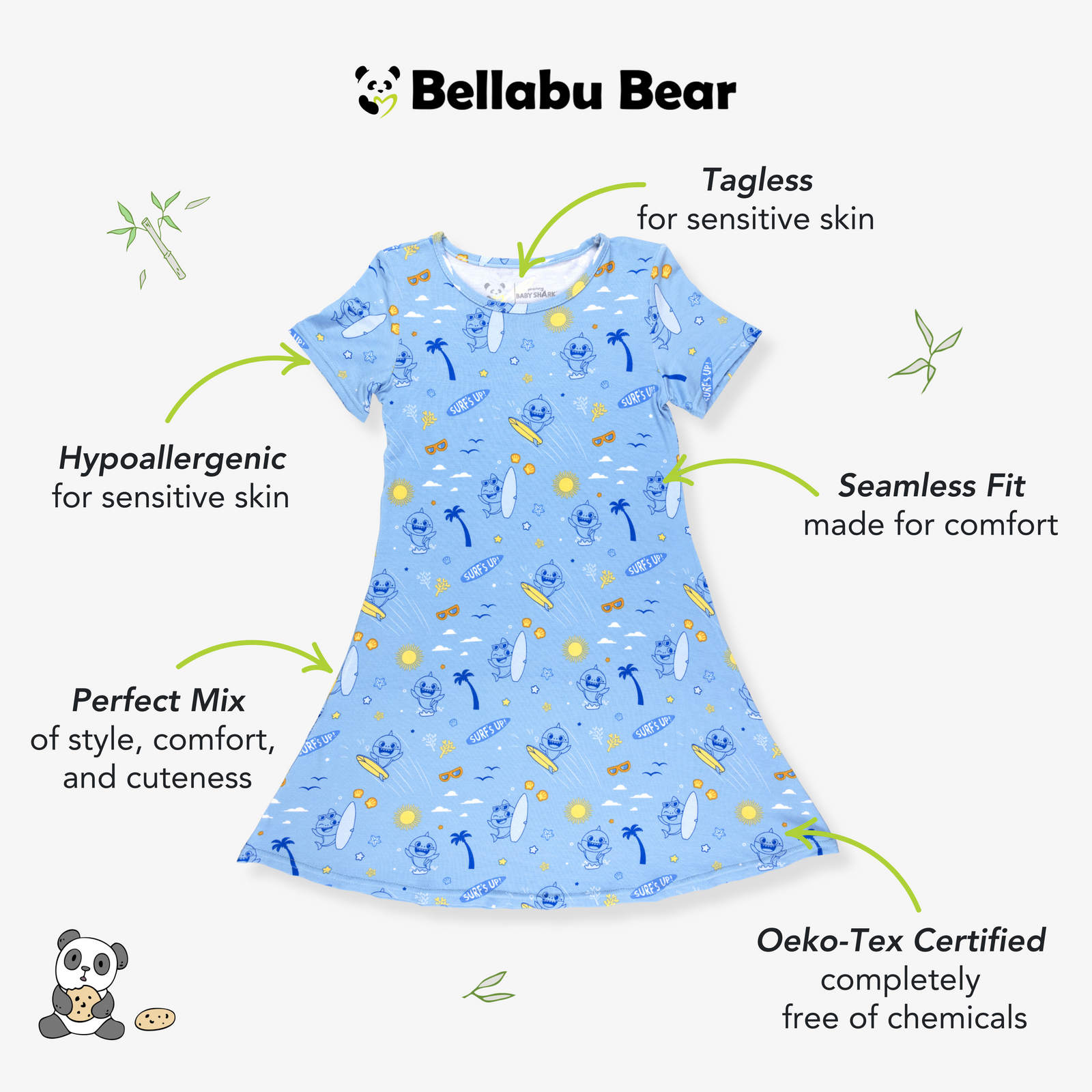 Baby Shark Surf Bamboo Girls' Short Sleeve Dress