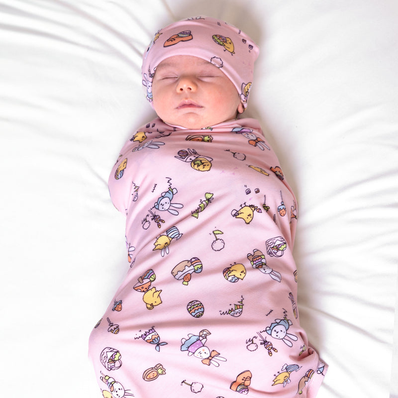 Easter Bunny Pink Bamboo Swaddle & Beanie Set
