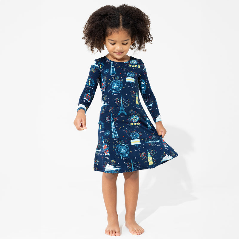 New Year's Worldwide Countdown Bamboo Girls' Long Sleeve Dress