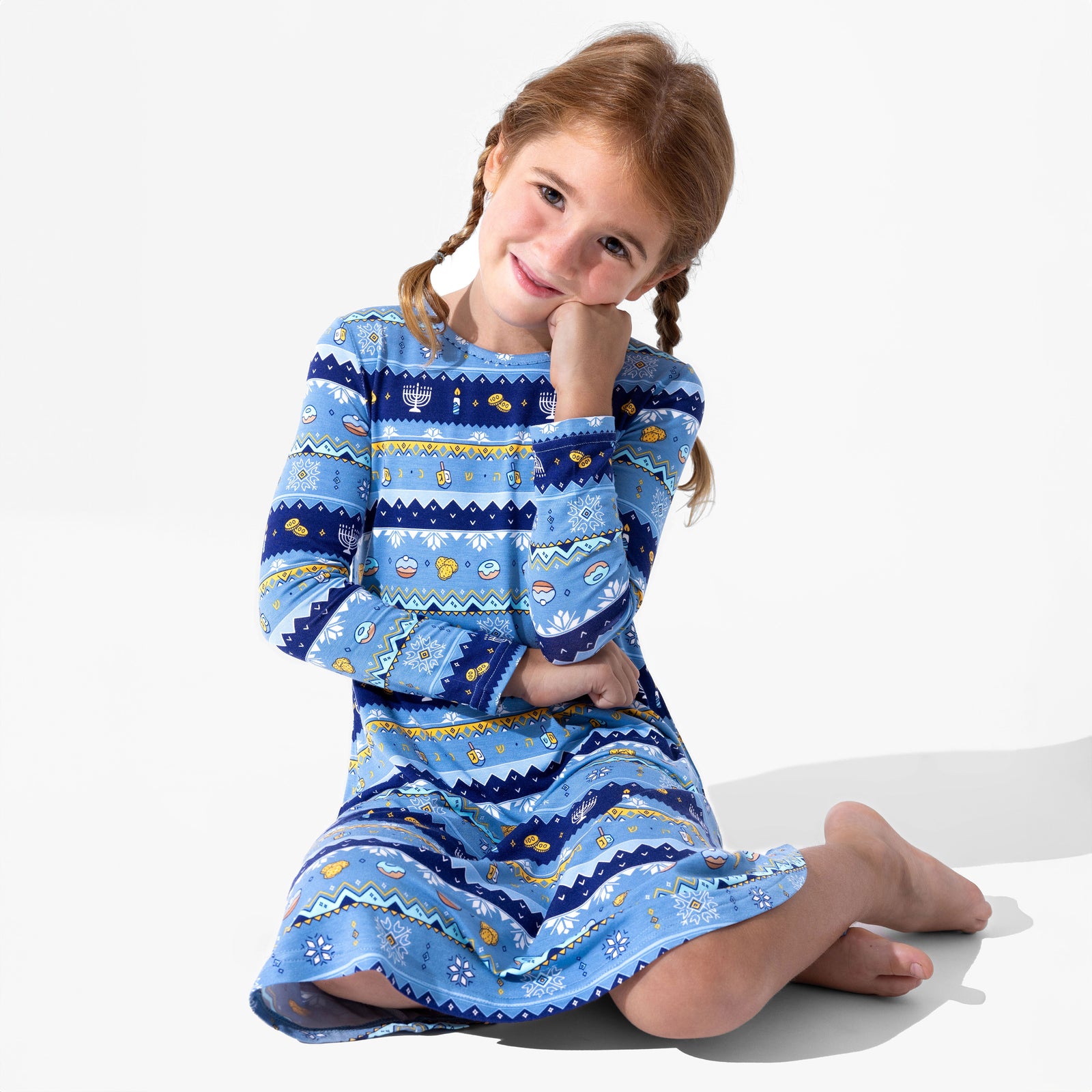 Hanukkah Fair Isle Bamboo Girls' Long Sleeve Dress