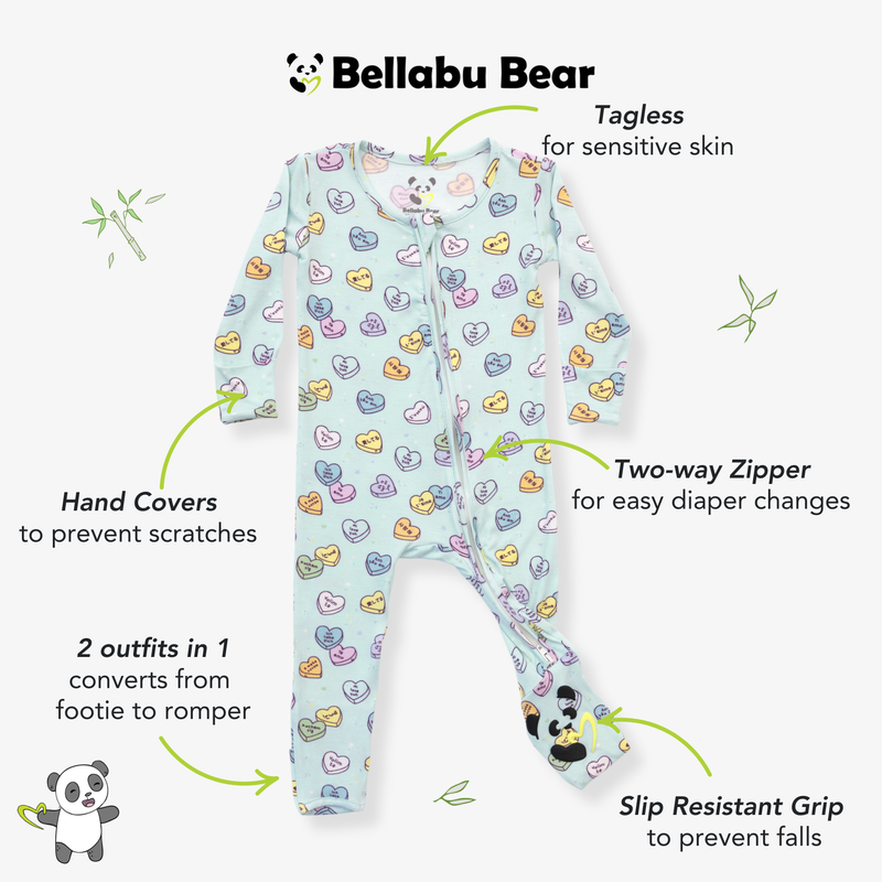 Candy Hearts Blue Bamboo Convertible Footie