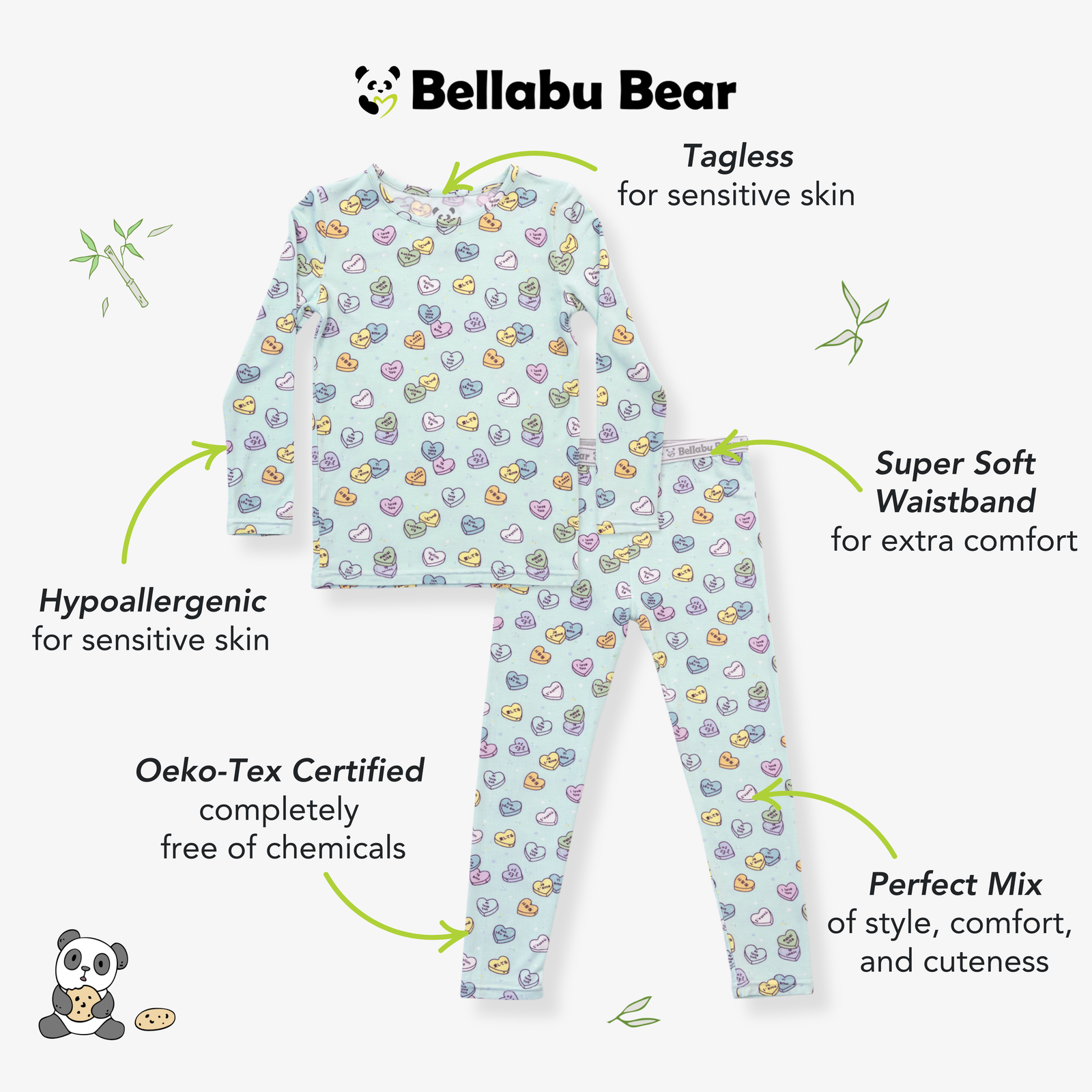 Candy Hearts Blue Bamboo Kids Pajamas