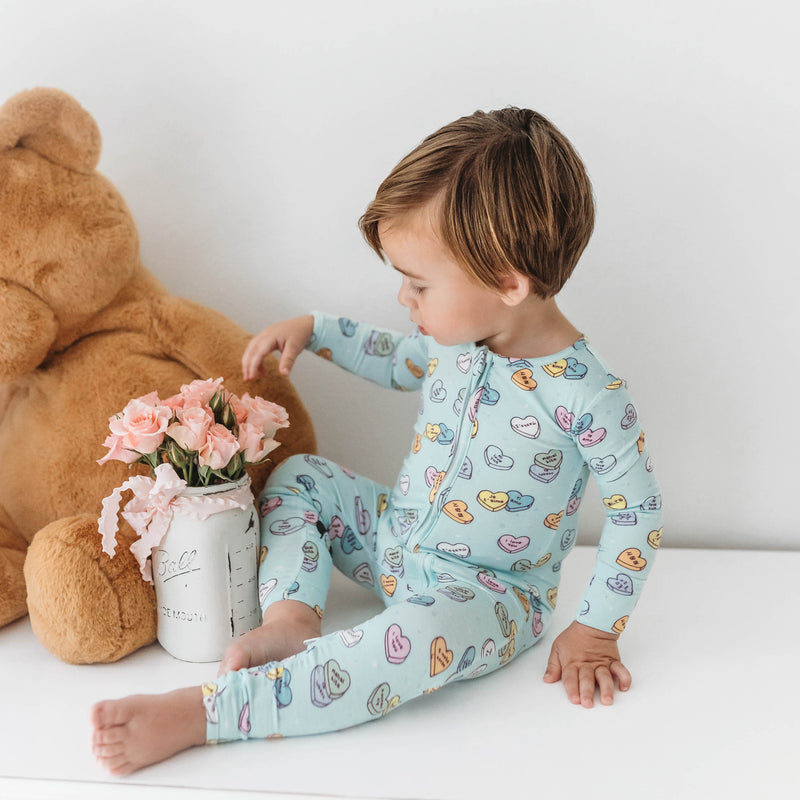 Candy Hearts Blue Bamboo Convertible Footie