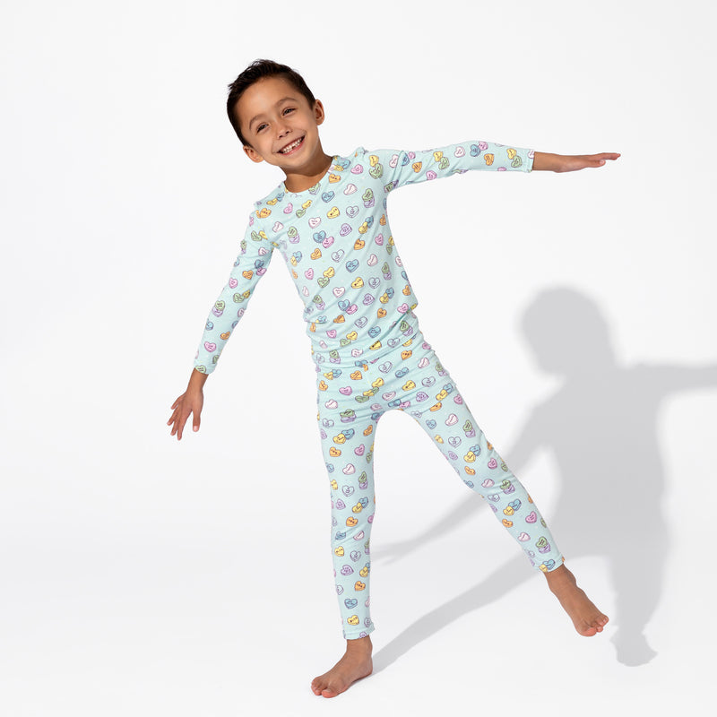 Candy Hearts Blue Bamboo Kids Pajamas