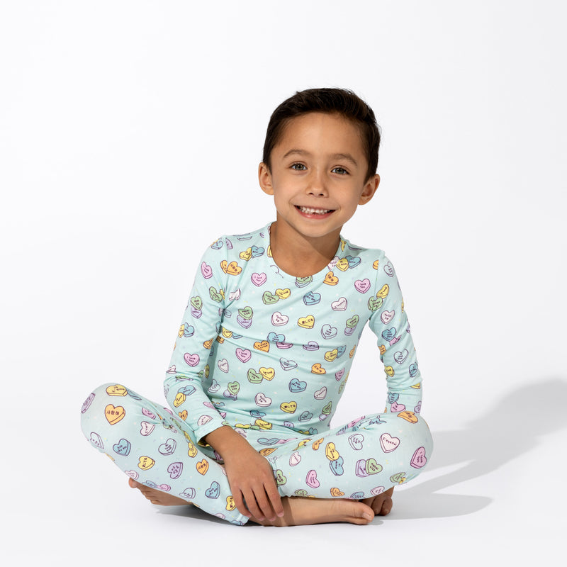 Candy Hearts Blue Bamboo Kids Pajamas