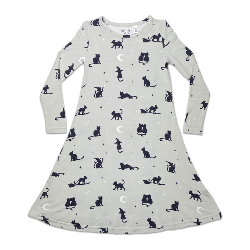 Black Cat Halloween Bamboo Girls' Long Sleeve Dress