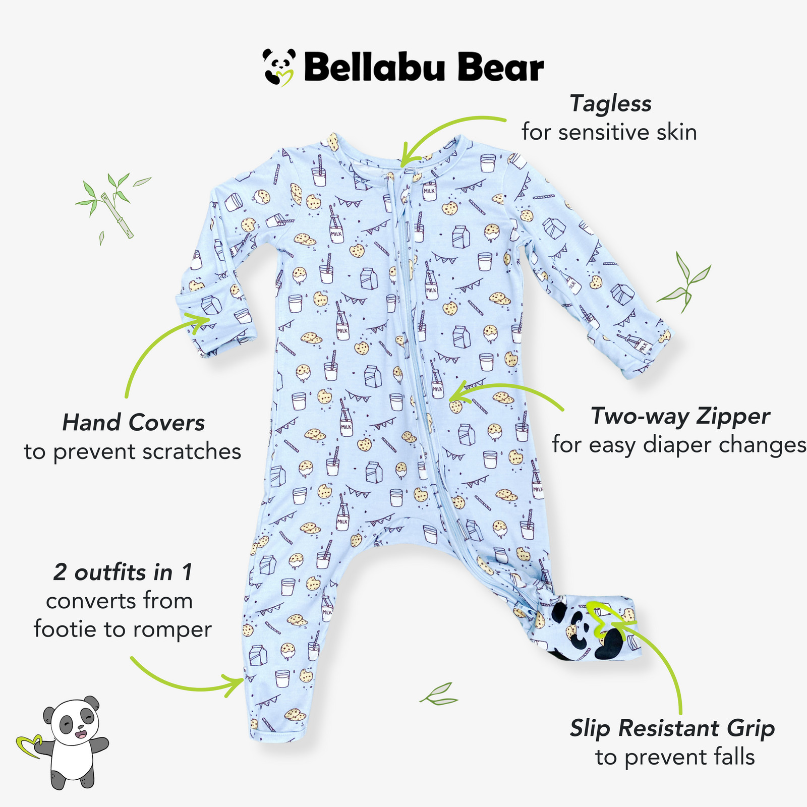 Milk & Cookies Blue Bamboo Convertible Footie