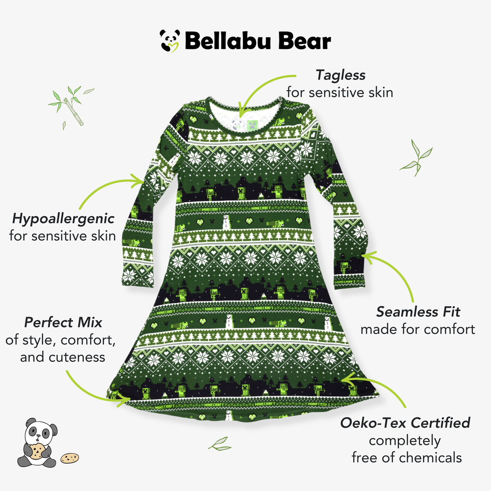 Minecraft Creeper Holiday Bamboo Girls' Long Sleeve Dress