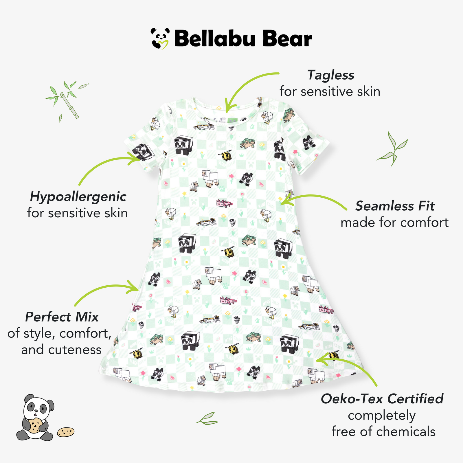 Minecraft Sleep Repeat Bamboo Girls' Short Sleeve Dress