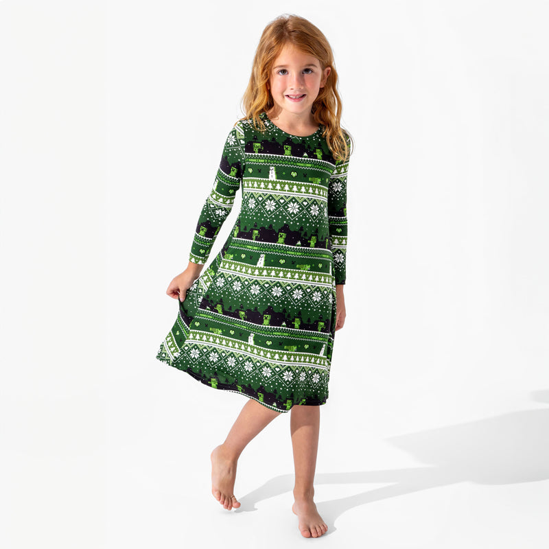 Minecraft Creeper Holiday Bamboo Girls' Long Sleeve Dress