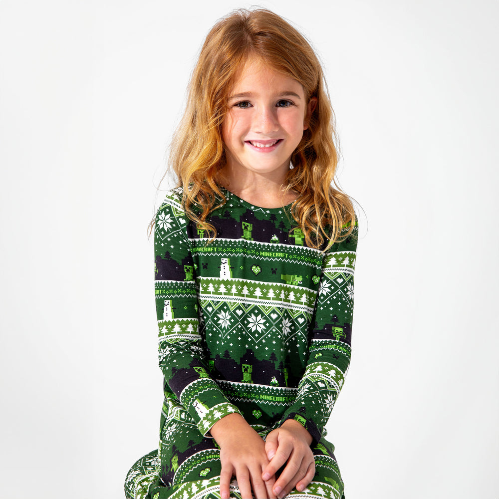 Minecraft Creeper Holiday Bamboo Girls' Long Sleeve Dress