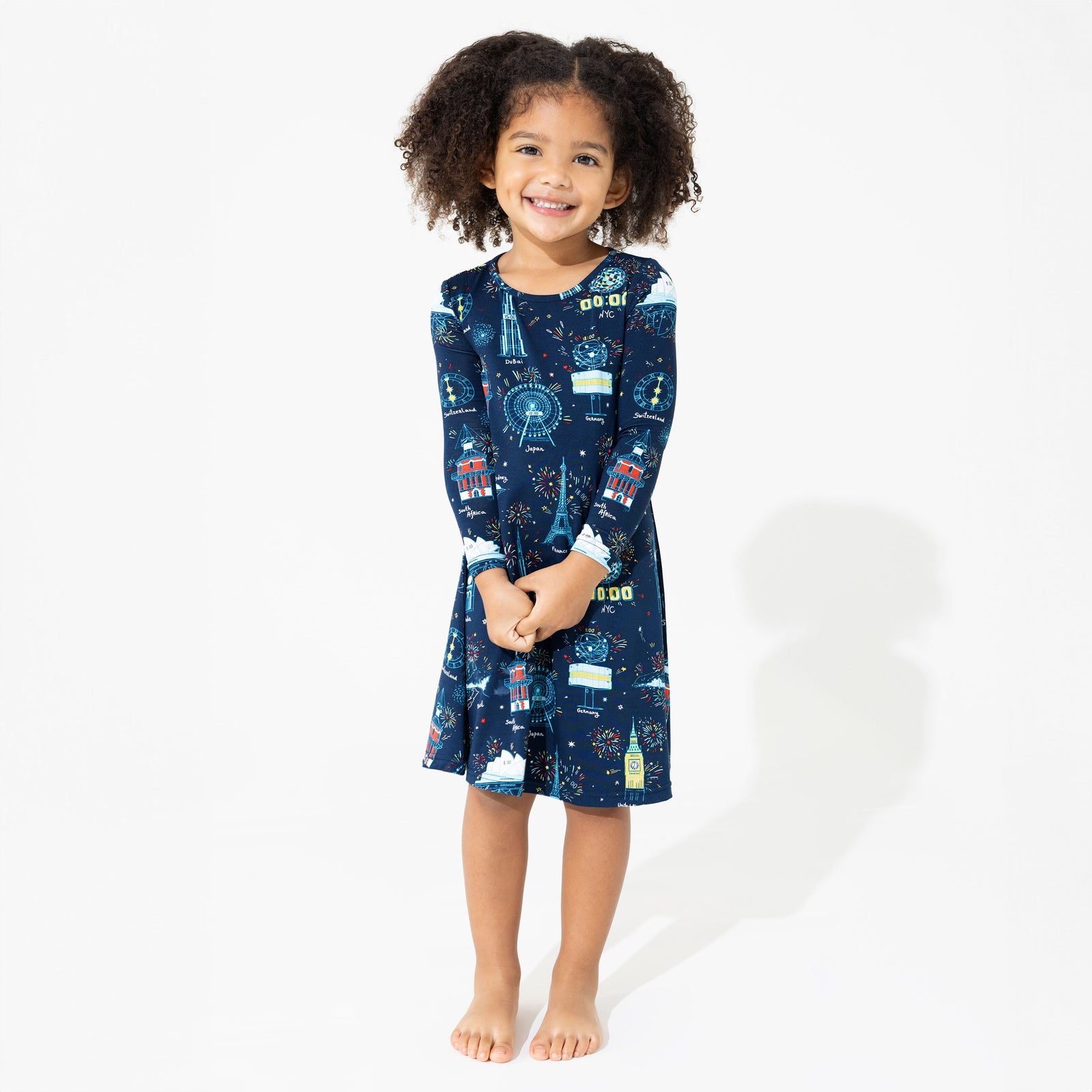 New Year's Worldwide Countdown Bamboo Girls' Long Sleeve Dress