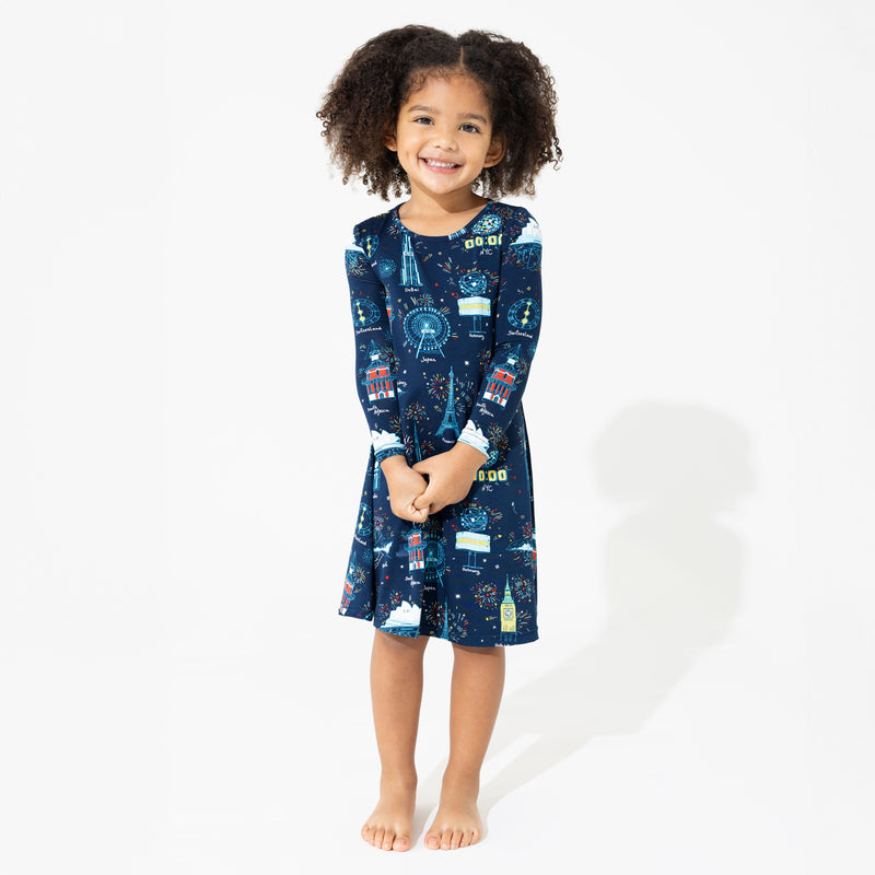 New Year's Worldwide Countdown Bamboo Girls' Long Sleeve Dress