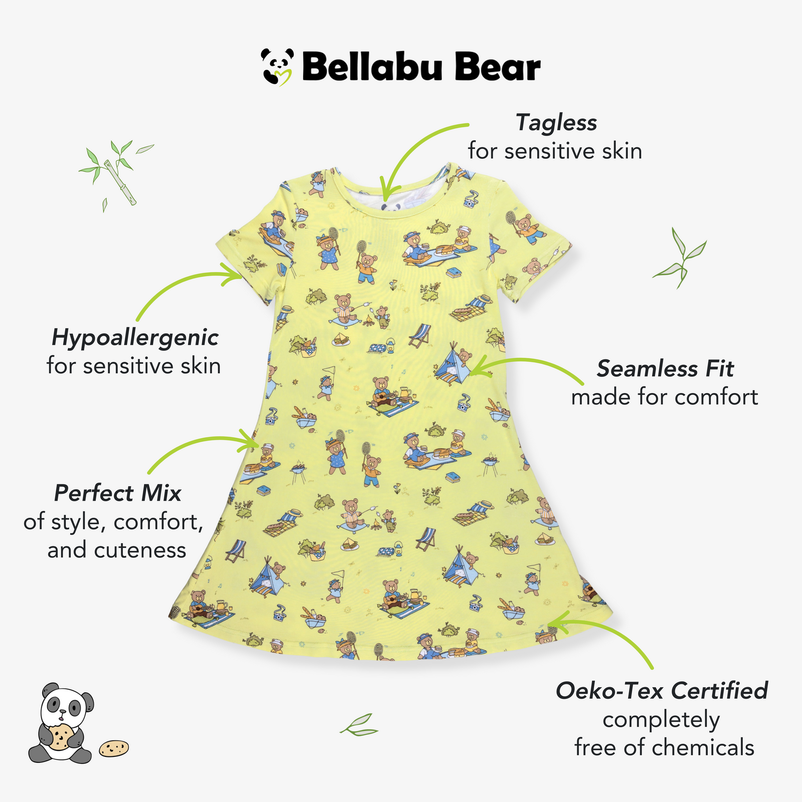 Teddy Bear Picnic Bamboo Girls' Short Sleeve Dress
