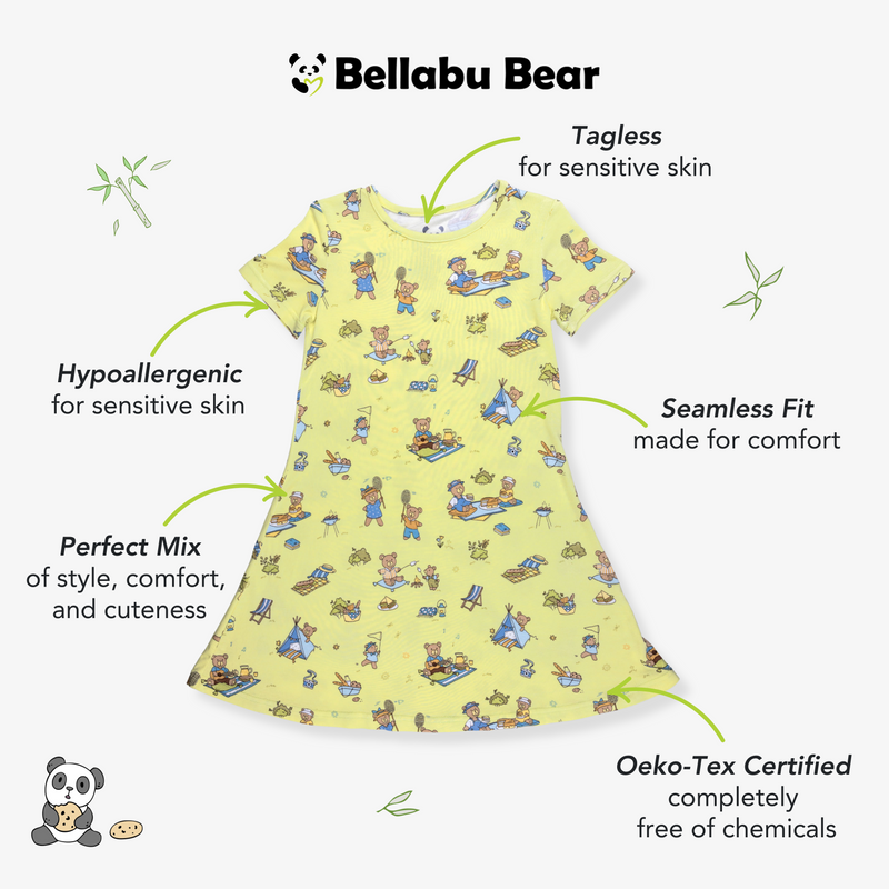 Teddy Bear Picnic Bamboo Girls' Short Sleeve Dress