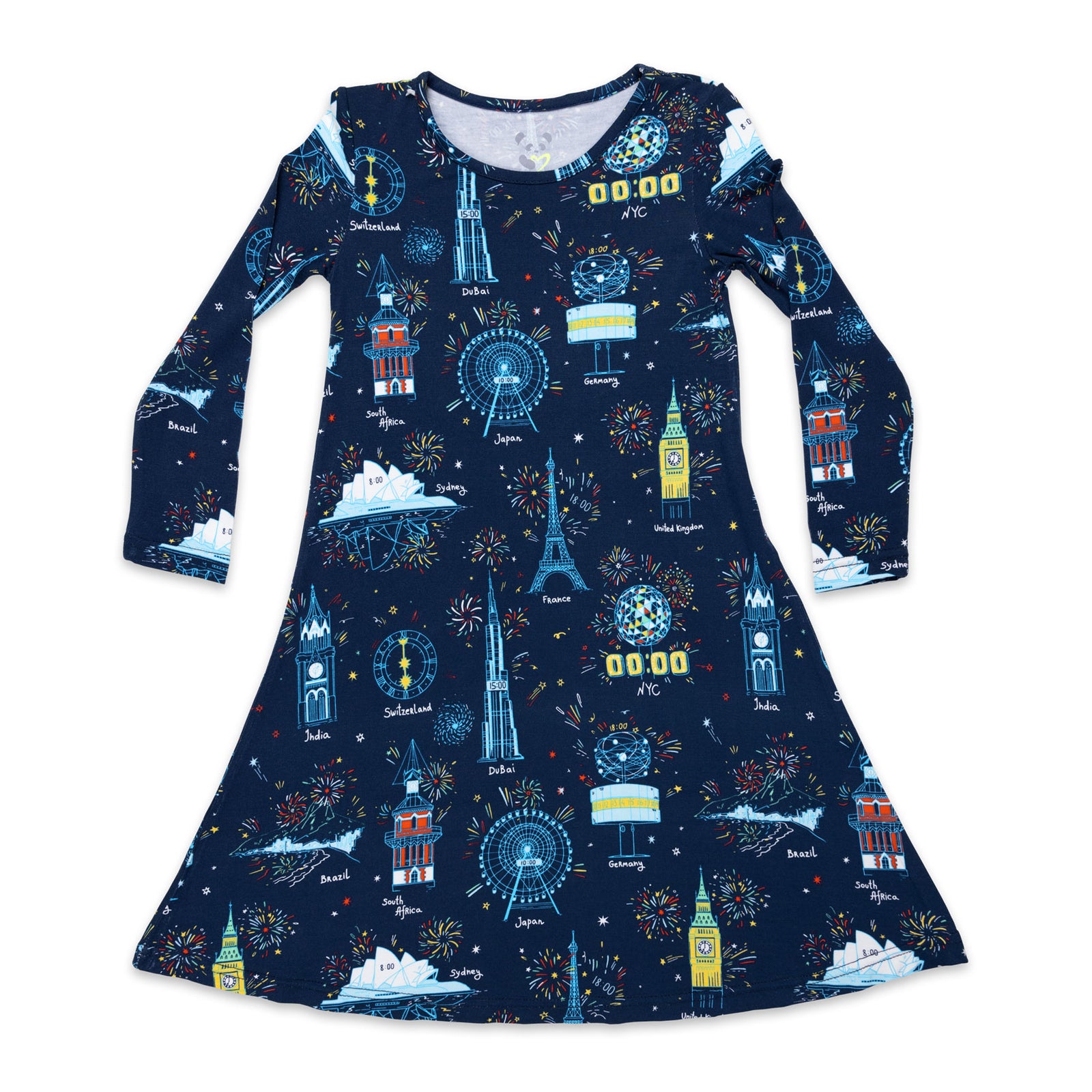 New Year's Worldwide Countdown Bamboo Girls' Long Sleeve Dress 3T | Bellabu Bear New Year's Worldwide Countdown Bamboo Girls' Long Sleeve Dress 3T | Bellabu Bear