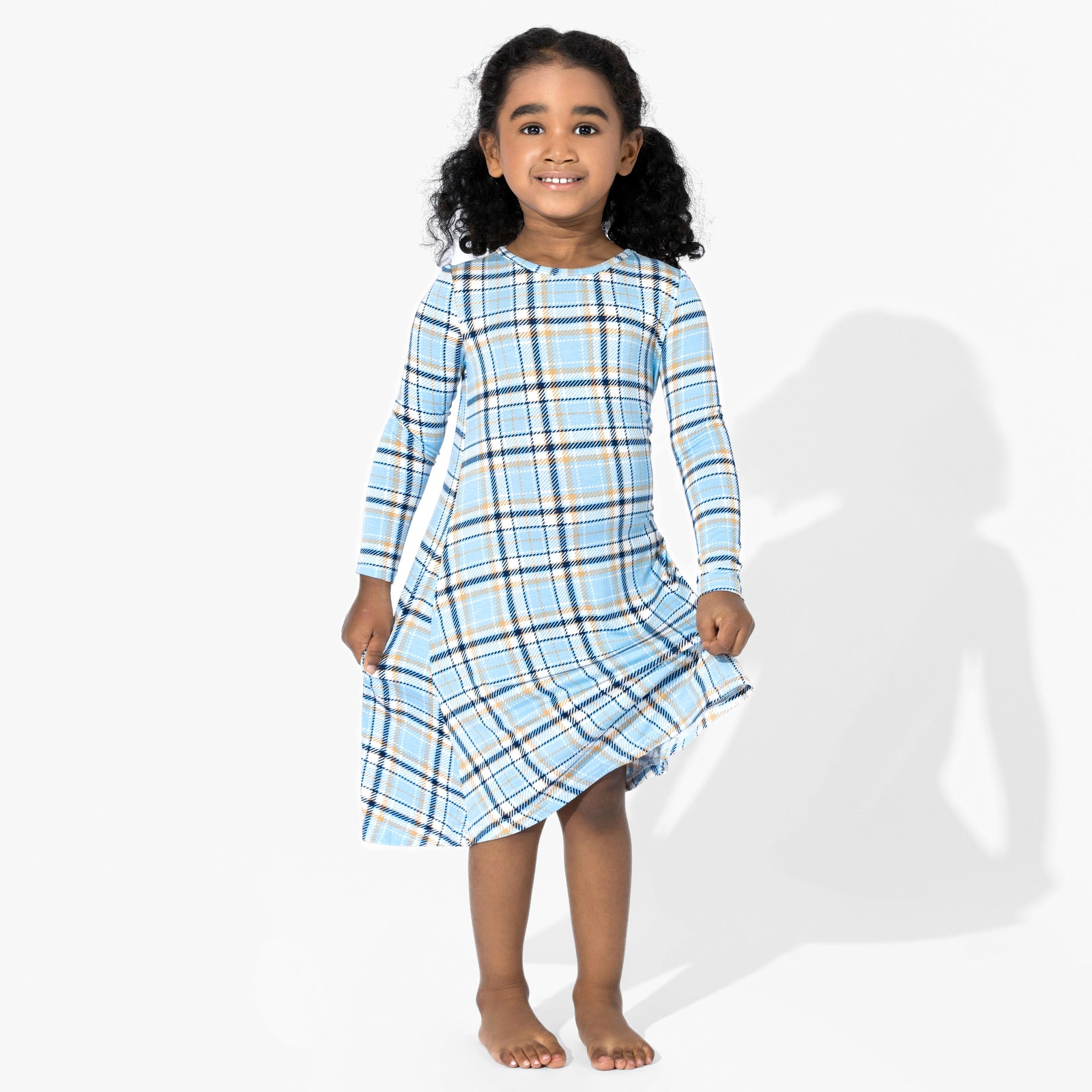 Festive Dreams: Holiday Plaid Blue Bamboo Girls' Dress - Bellabu Bear Festive Dreams: Holiday Plaid Blue Bamboo Girls' Dress - Bellabu Bear