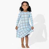 Holiday Plaid Blue Bamboo Girls' Long Sleeve Dress