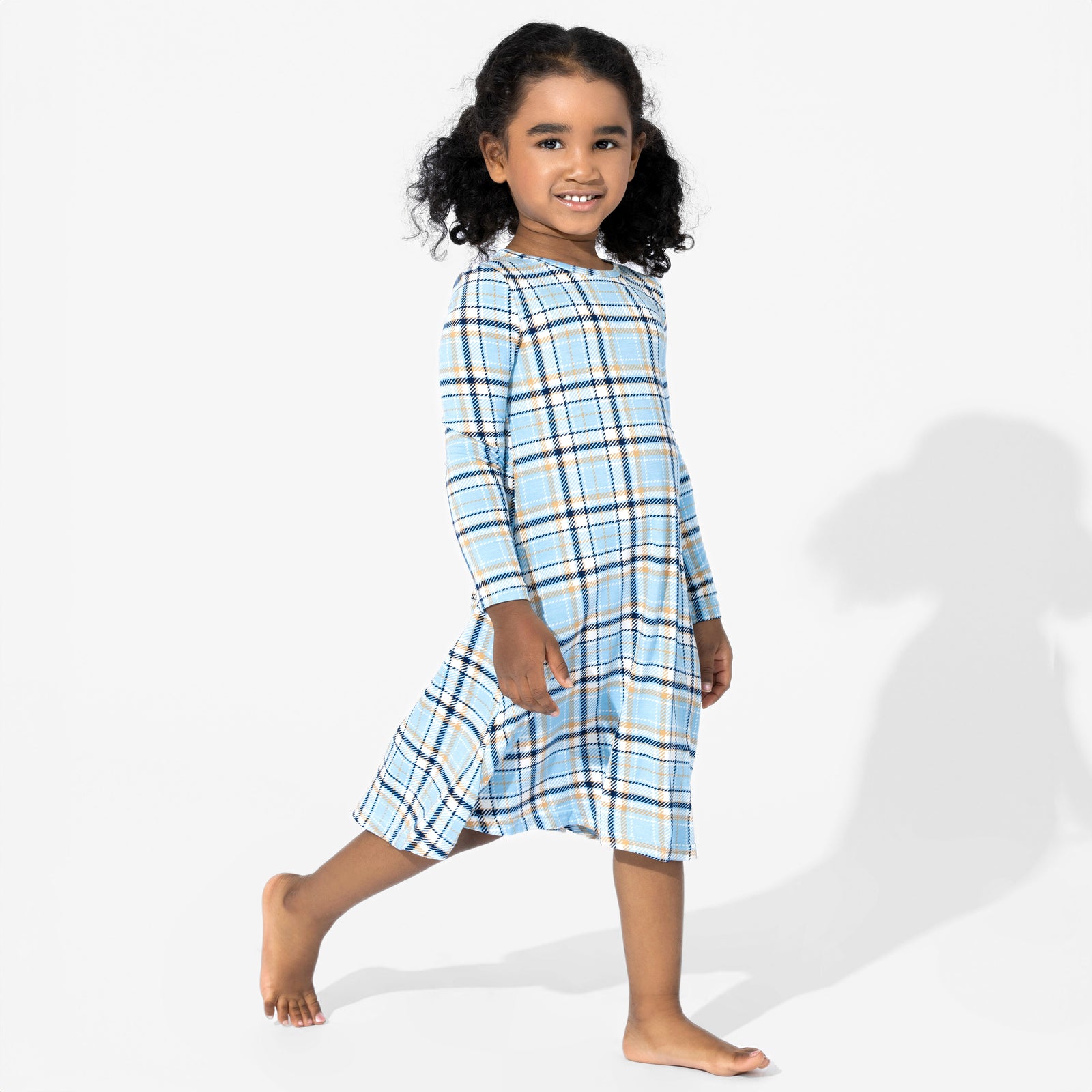 Holiday Plaid Blue Bamboo Girls' Long Sleeve Dress