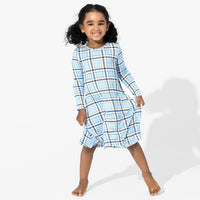 Holiday Plaid Blue Bamboo Girls' Long Sleeve Dress