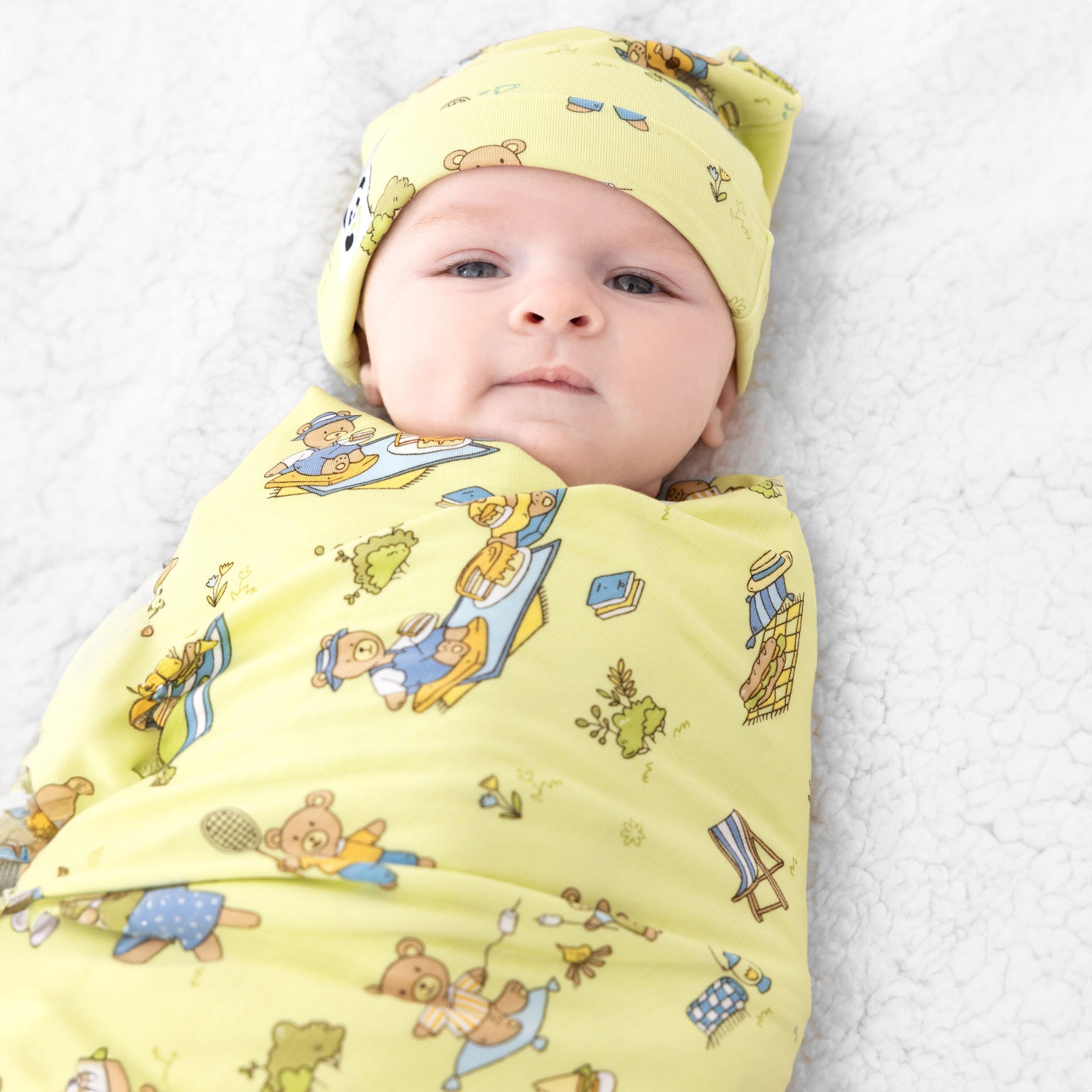 Teddy Bear Picnic Bamboo Swaddle & Beanie Set