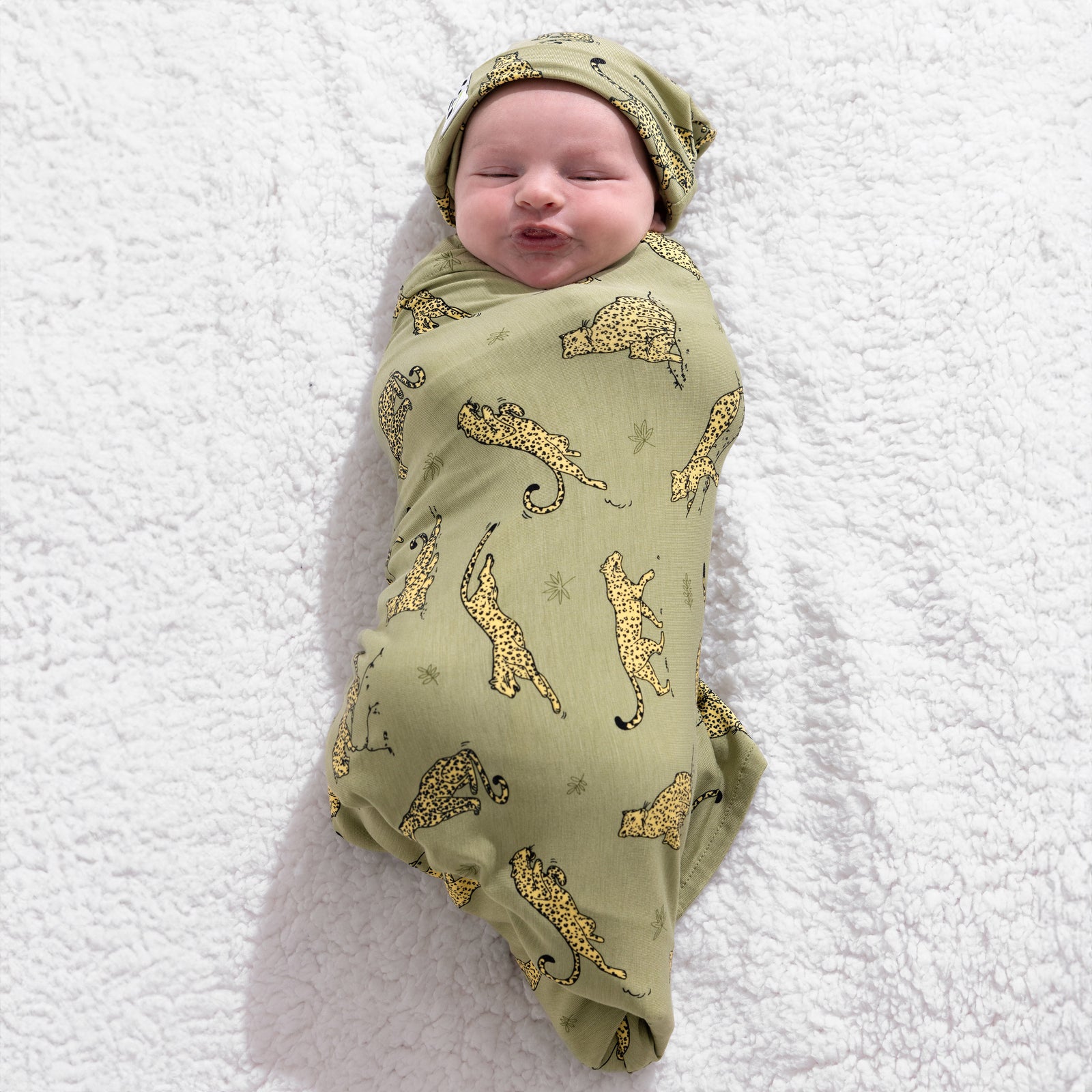 Sage & Spots Leopard Bamboo Swaddle & Beanie Set