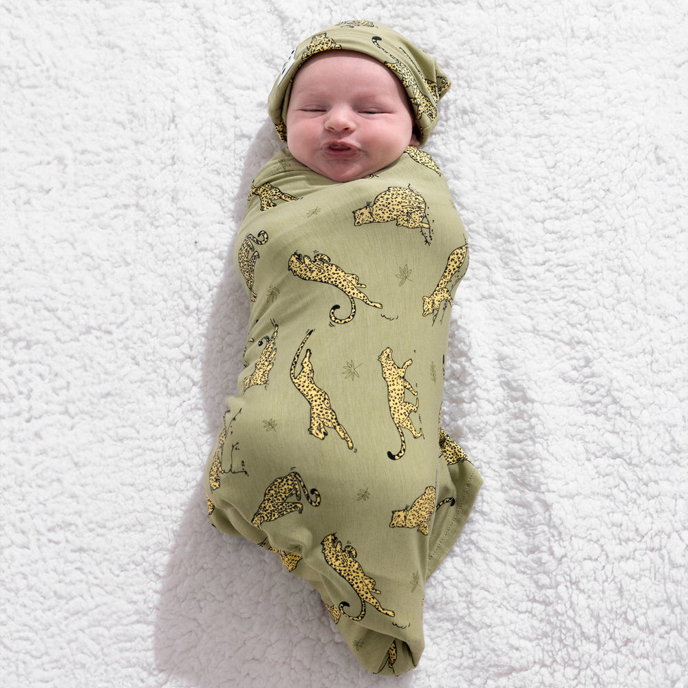 Sage & Spots Leopard Bamboo Swaddle & Beanie Set