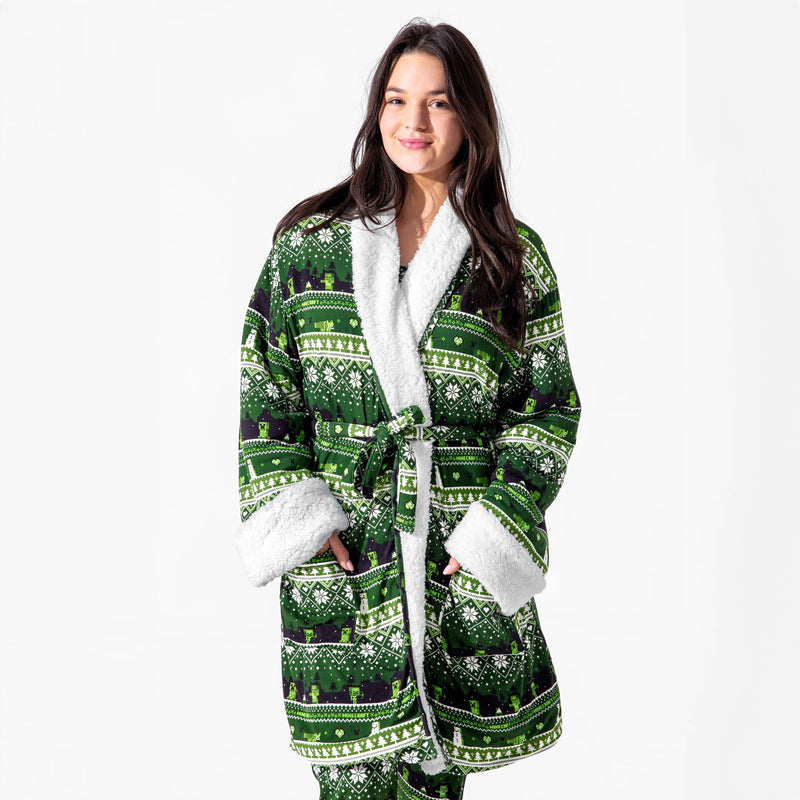 Minecraft Creeper Holiday Bamboo Adult Sherpa Bathrobe