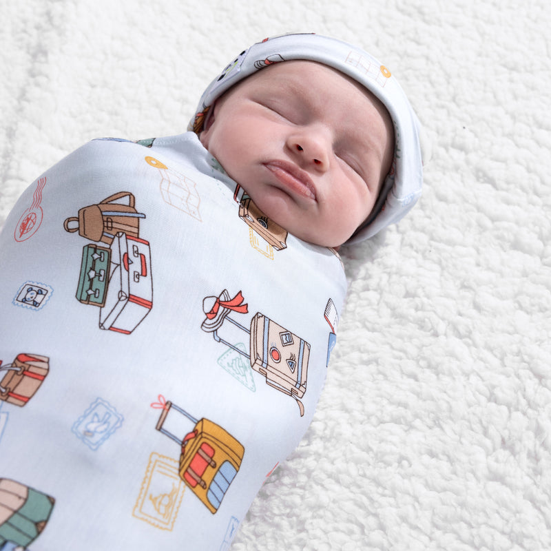 Vintage Suitcases Bamboo Swaddle & Beanie Set