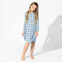Holiday Plaid Blue Bamboo Girls' Long Sleeve Dress