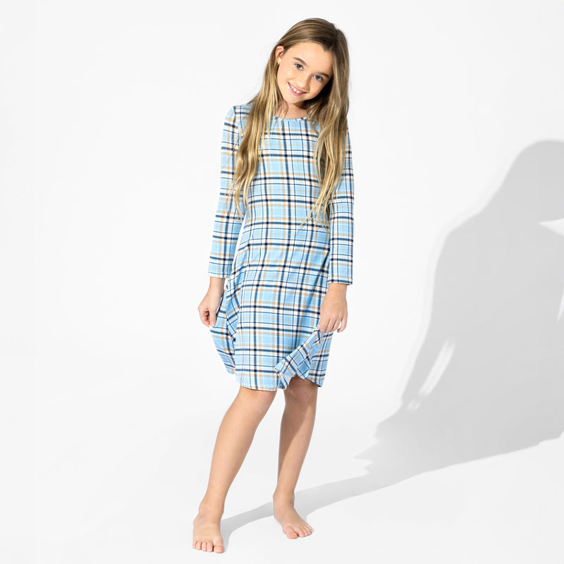 Holiday Plaid Blue Bamboo Girls' Long Sleeve Dress