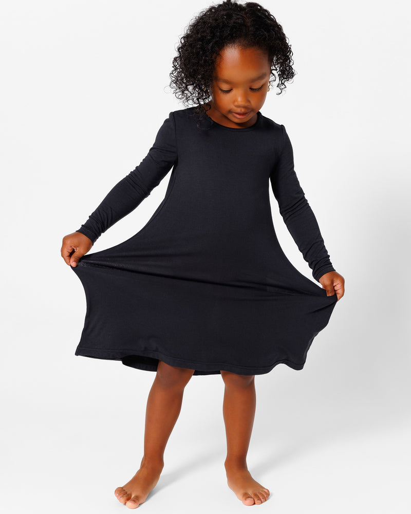 Obsidian Black Bamboo Girls' Long Sleeve Dress