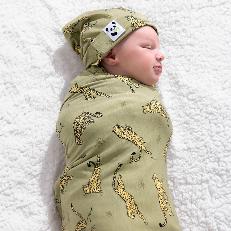 Sage & Spots Leopard Bamboo Swaddle & Beanie Set
