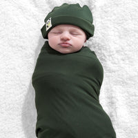 Pine Green Bamboo Swaddle & Beanie Set