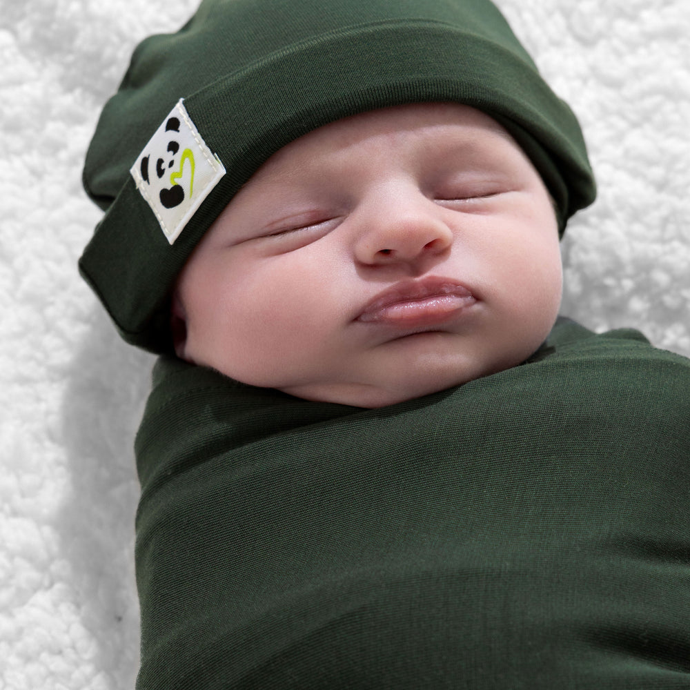 Pine Green Bamboo Swaddle & Beanie Set
