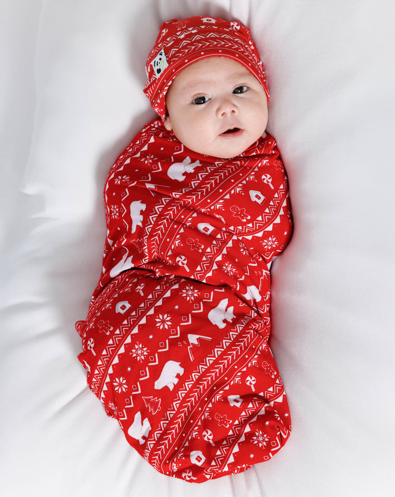 Polar Isle Red Bamboo Swaddle & Beanie Set