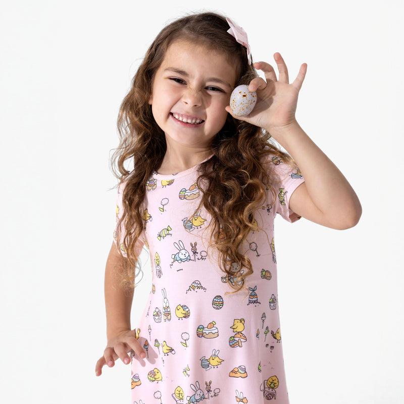 Easter Bunny Pink Bamboo Girls' Short Sleeve Dress