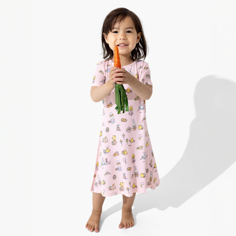 Easter Bunny Pink Bamboo Girls' Short Sleeve Dress
