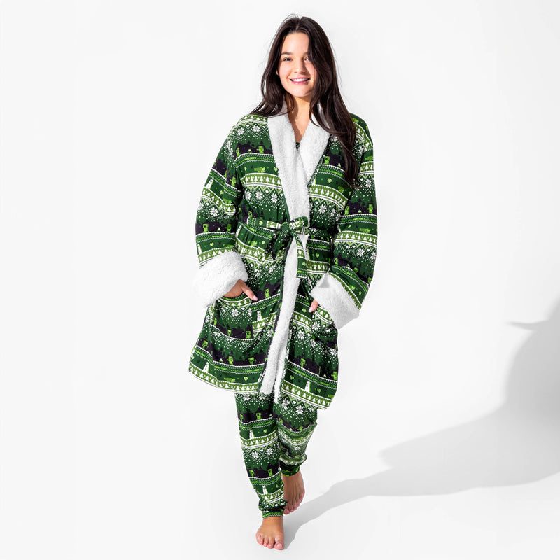 Minecraft Creeper Holiday Bamboo Adult Sherpa Bathrobe