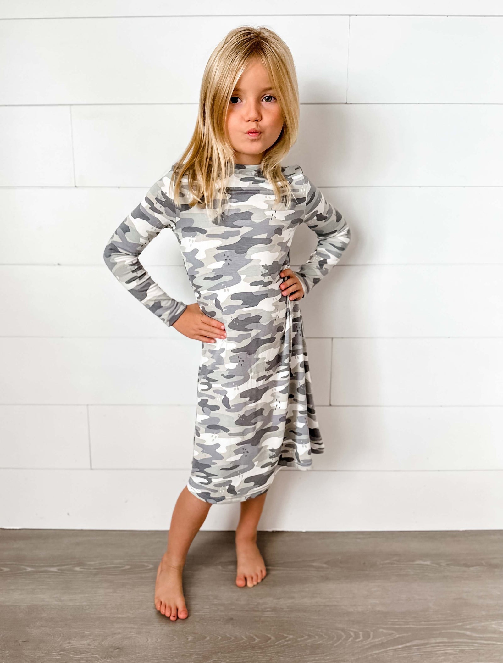 Stealth Style: Grey Camo Bamboo Girls' Dress for Fashionable Explorers - Bellabu Bear Stealth Style: Grey Camo Bamboo Girls' Dress for Fashionable Explorers - Bellabu Bear