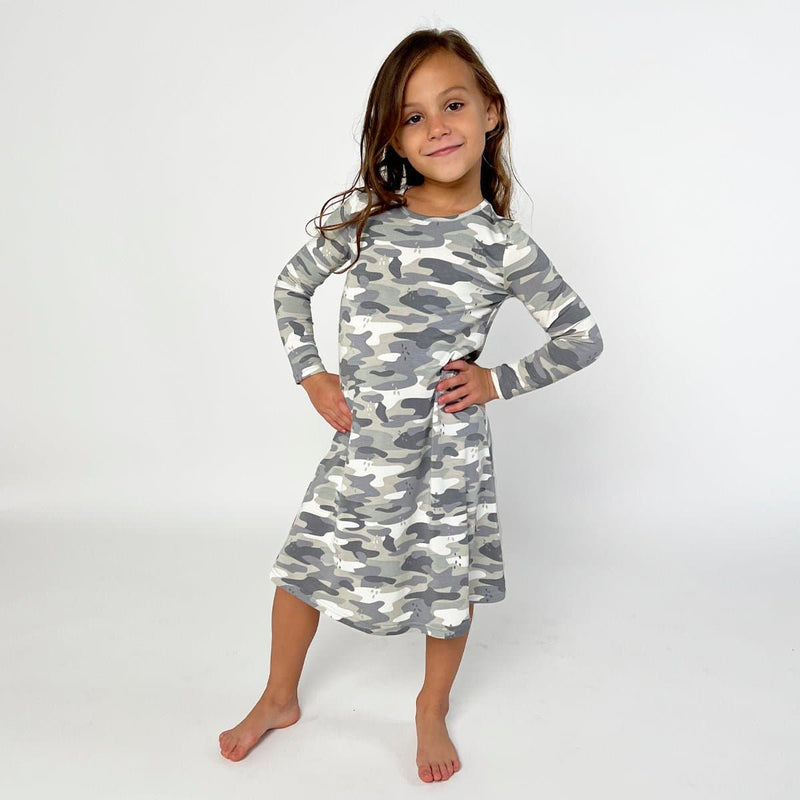 Stealth Style: Grey Camo Bamboo Girls' Dress for Fashionable Explorers 18-24 Months